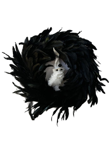 Feathered Wreath with Owl - Black