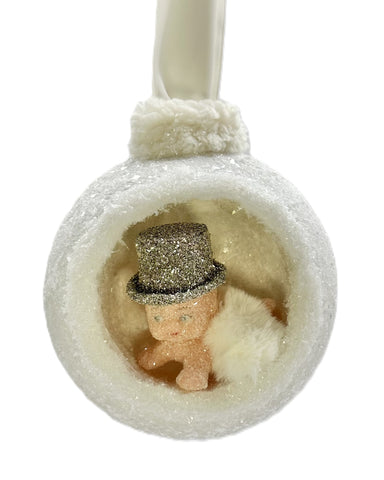 Baby Peek-A-Boo with Black Hat Ornament - Large, White