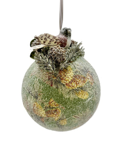 Bird and Pinecones & Pine Needles Bauble Ornament - Decoupage, Green