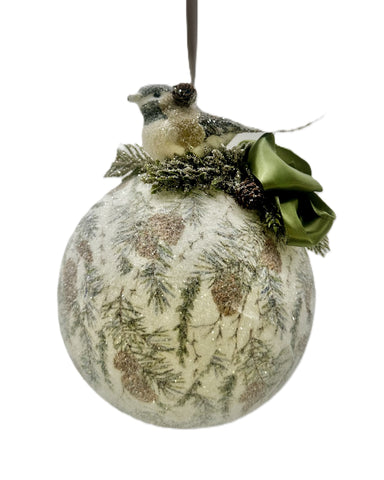 Bird and Pinecones & Pine Needles Bauble Ornament - Decoupage, White