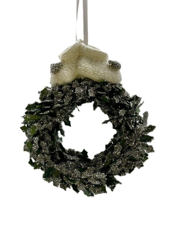 Holly Wreath with Booties Ornament - Silver