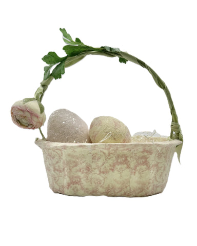 Basket with Flower - Oval, Decoupage, Pink Rococo