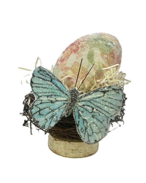 Nest with Decoupaged Watercolored Floral Egg and Butterfly - Pink