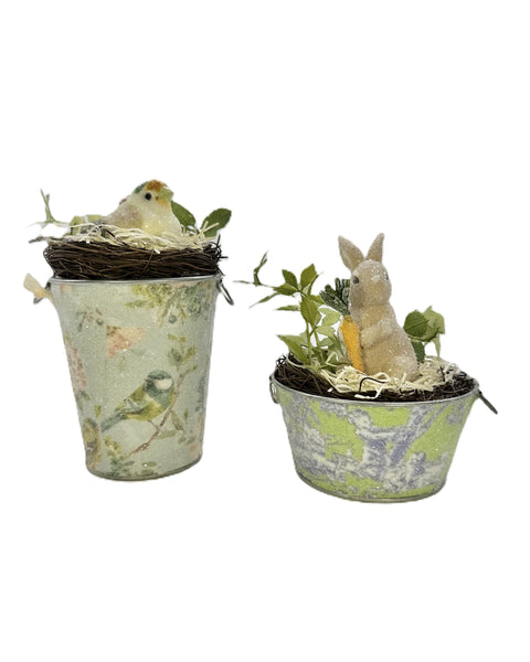 Bunny in Toile Bucket - Large, Lime
