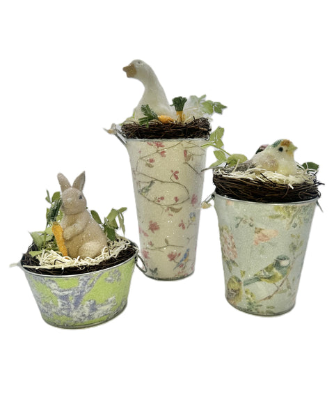 Floral Fauna Bucket with Bird - Medium, Blue