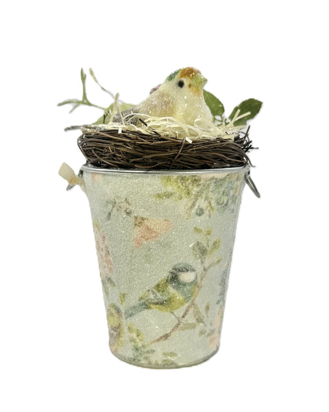 Floral Fauna Bucket with Bird - Medium, Blue