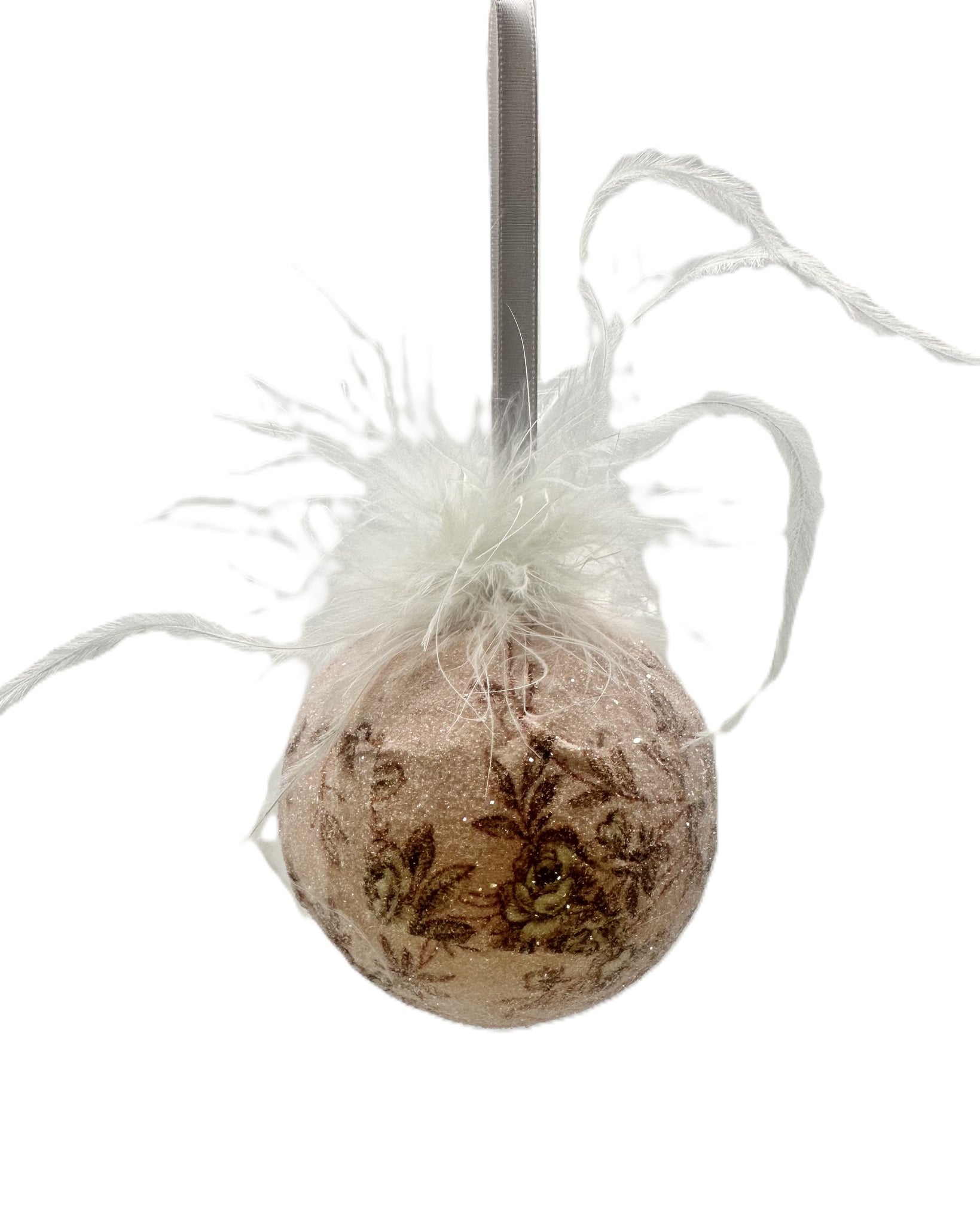 Decoupaged Toile Bauble Ornament, Mini - Pink & Brown, Ostrich Feathers