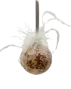 Decoupaged Toile Bauble Ornament, Mini - Pink & Brown, Ostrich Feathers