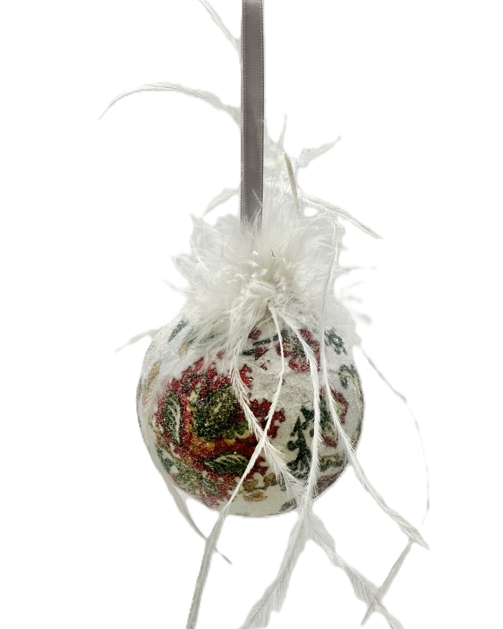 Decoupaged Jacobean Bauble Ornament, Mini -  Multi-colors, Ostrich Feathers