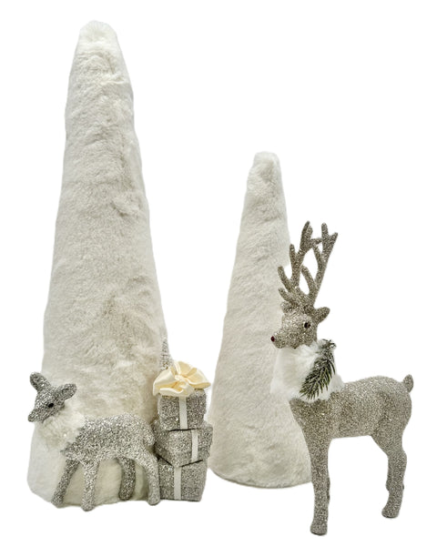 Faux Fur Tree with Deer & Gifts - Ivory Fur