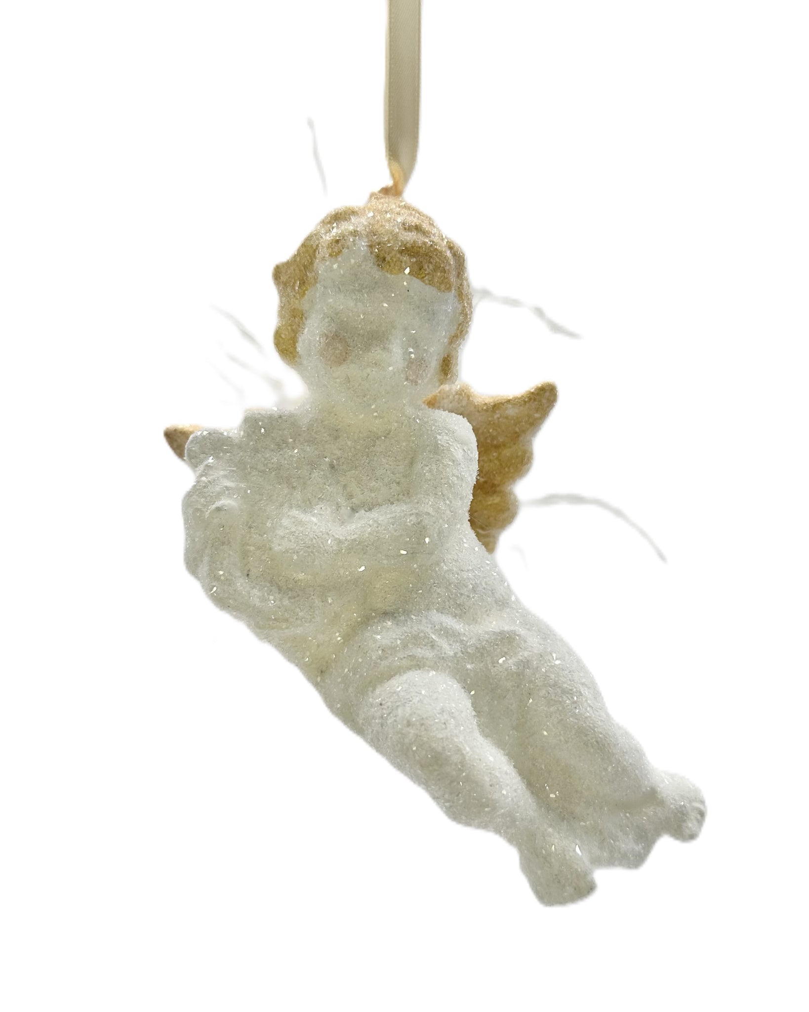 Cherub Ornament with Ostrich Feathers - White & Gold