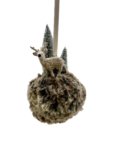 Deer and Trees on Pouf Ornament - Mocha, Rabbit Fur