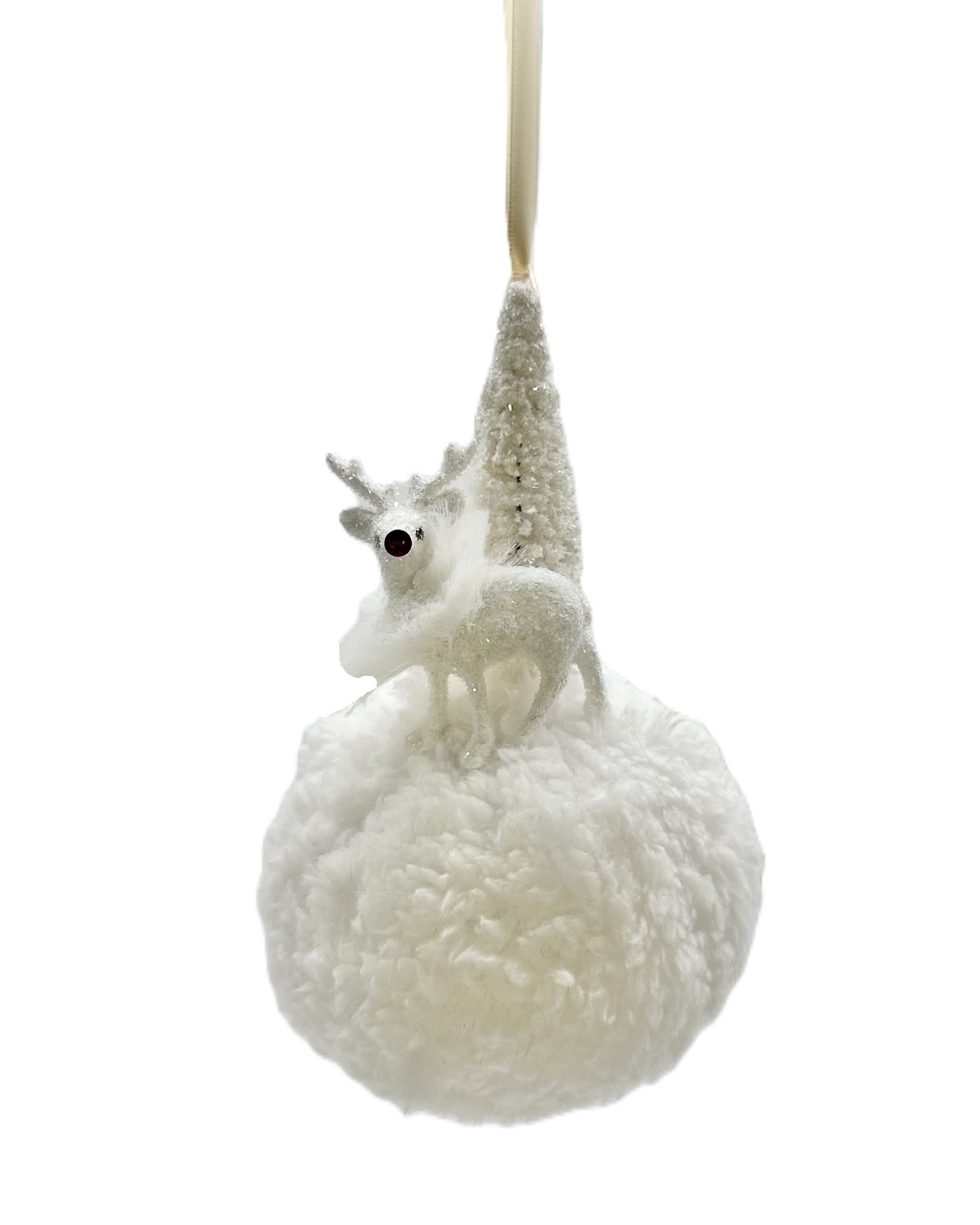 Deer on Pouf Ornament - White Sherpa