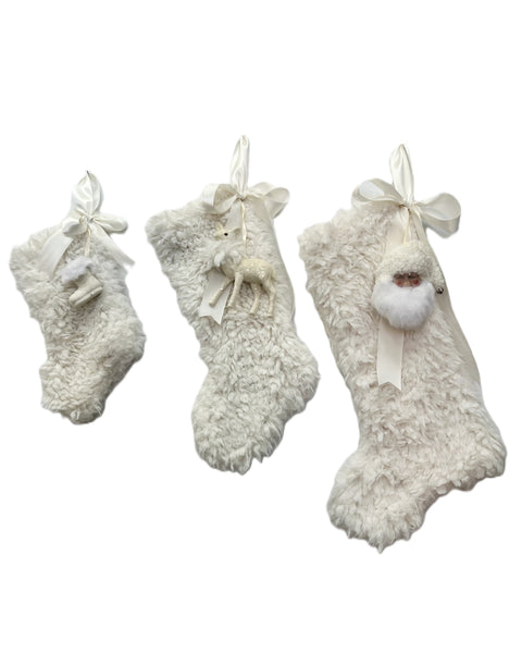 Stocking with Santa Boot - Small, Ivory, Shaggy Fur