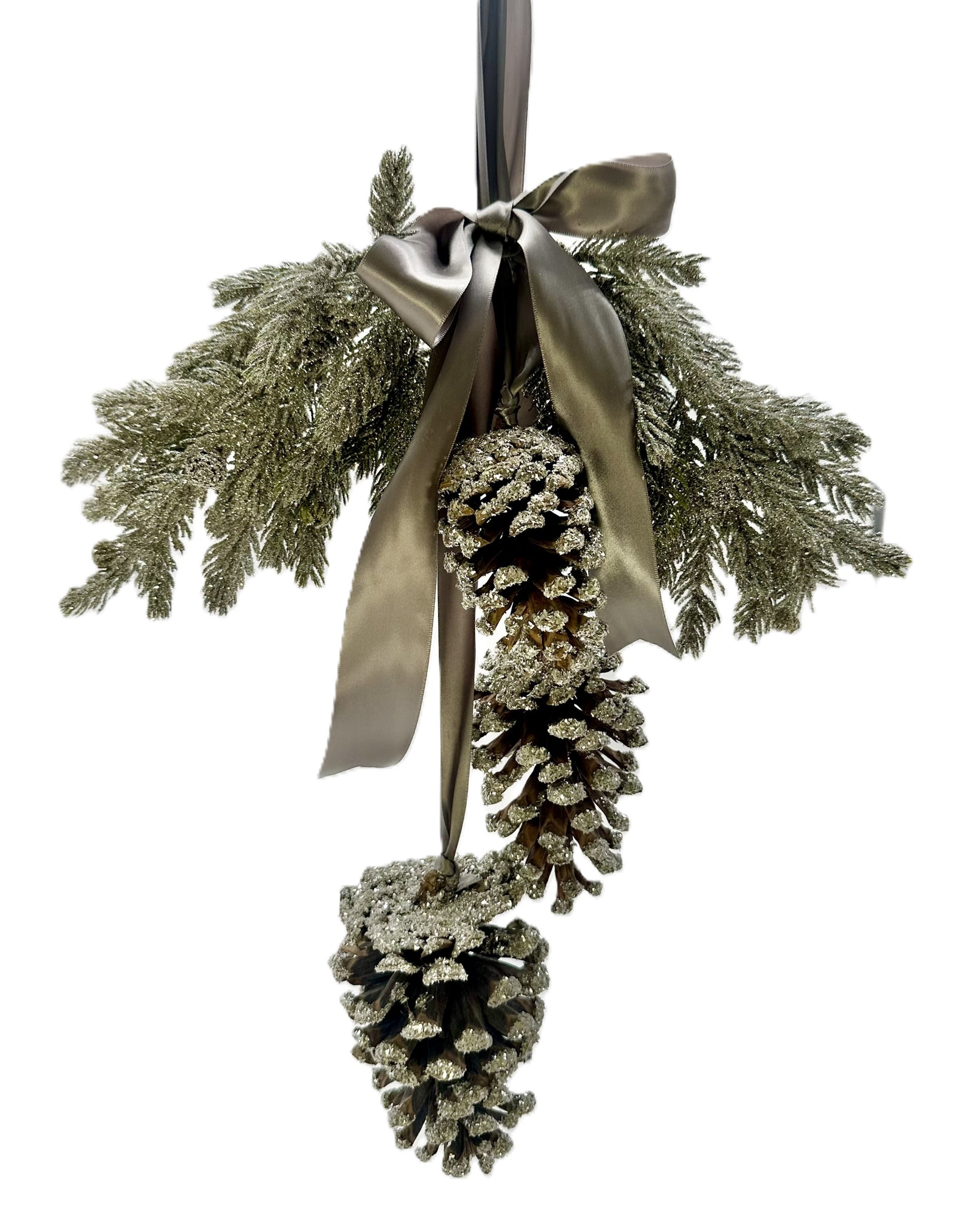 Triple Pinecone Swag - Silver, Gray Ribbon