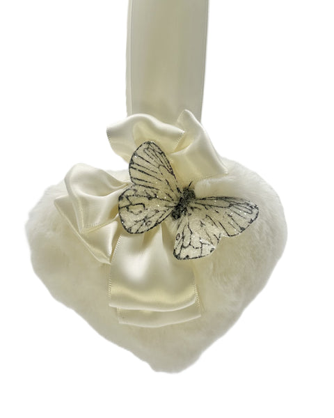Fur Heart with Butterfly Ornament - Small, Ivory