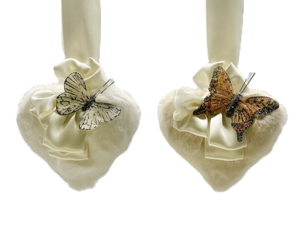 Fur Heart with Butterfly Ornament - Small, Ivory
