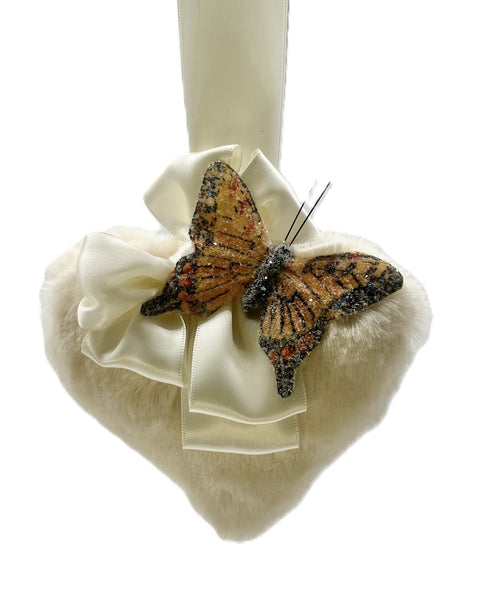 Fur Heart with Butterfly Ornament - Small, Ivory