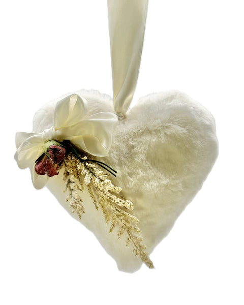 Fur Heart with Flowers Ornament - Large, White