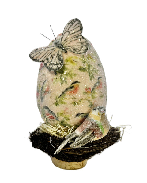 Sparrow Decoupaged Egg with Buttery & Bird in Nest - Pink