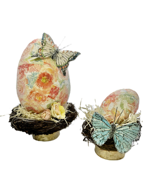 Watercolor Floral Decoupaged Egg with Buttery & Flowers in Nest - Pink