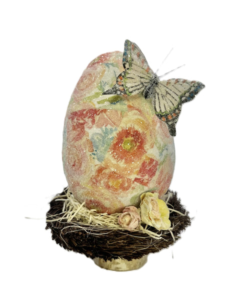 Watercolor Floral Decoupaged Egg with Buttery & Flowers in Nest - Pink