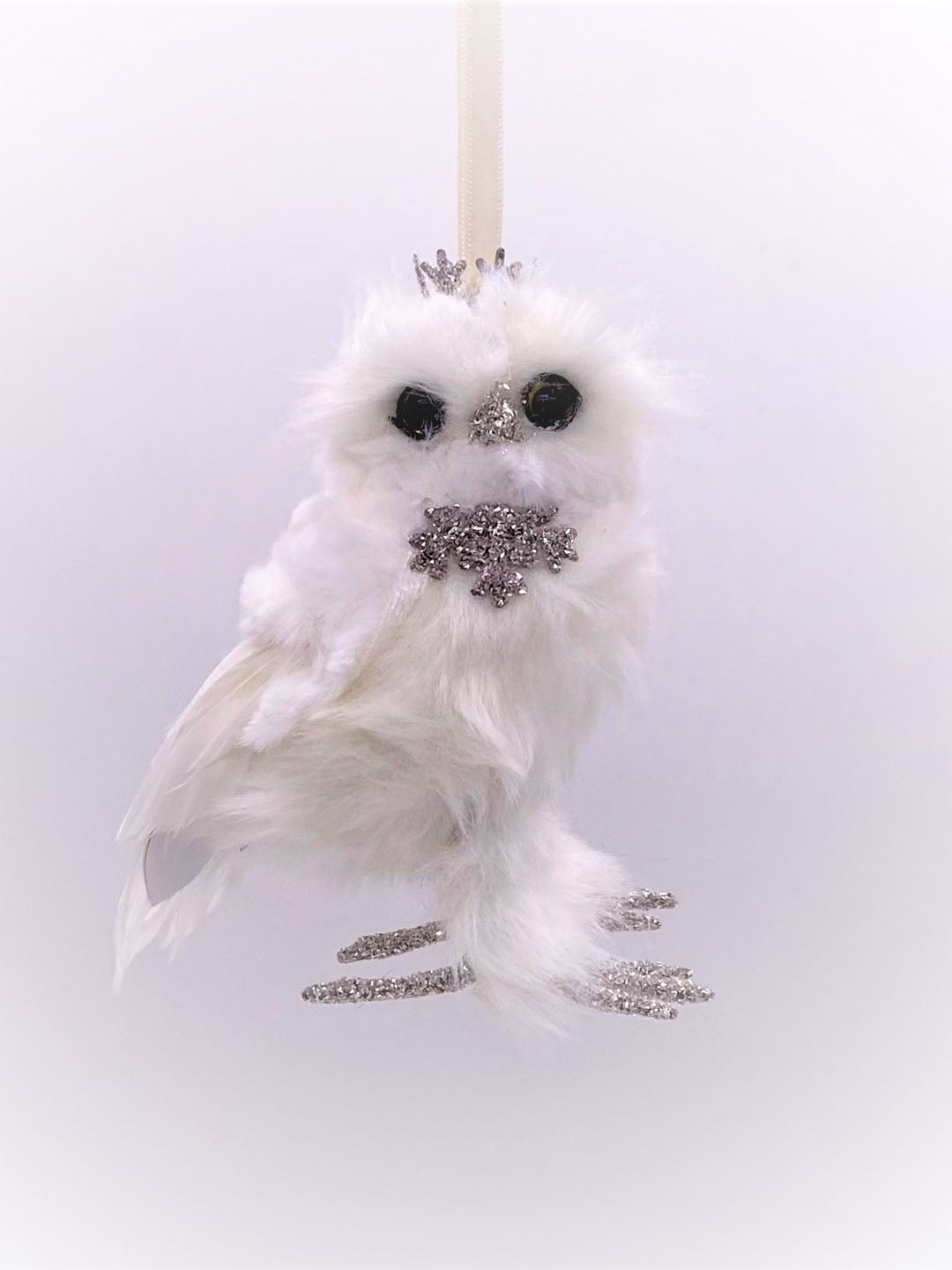 Owl with Crown Ornament - White