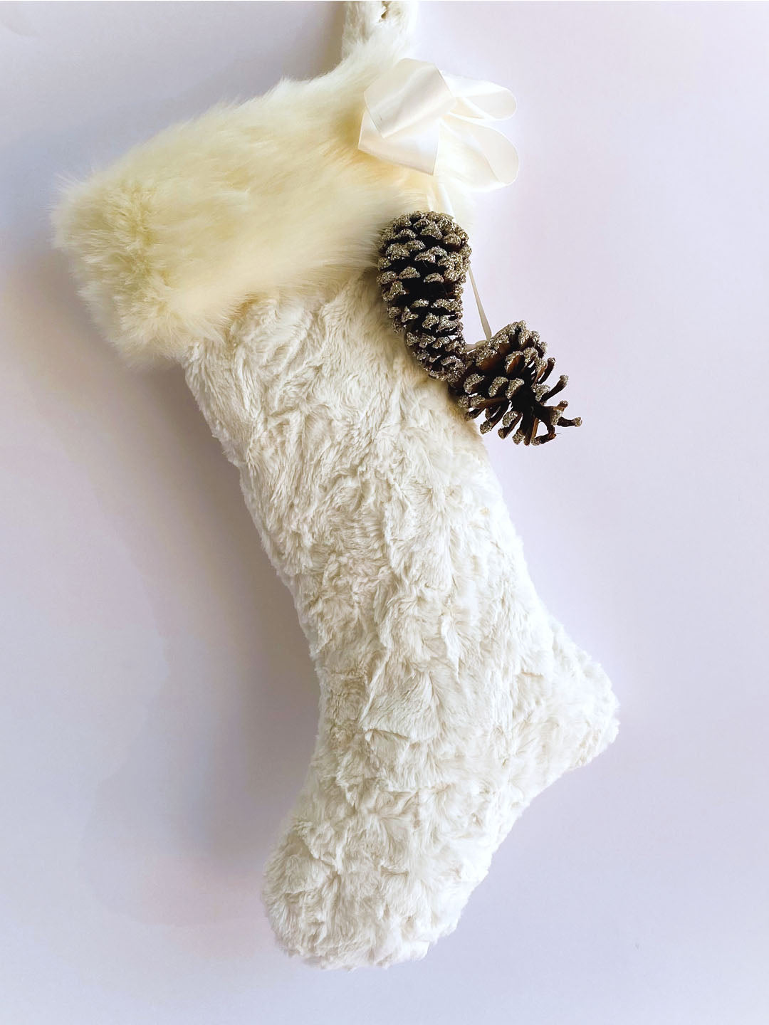 Cuffed 18" Stocking with Pinecones - Large, Bisque Fur